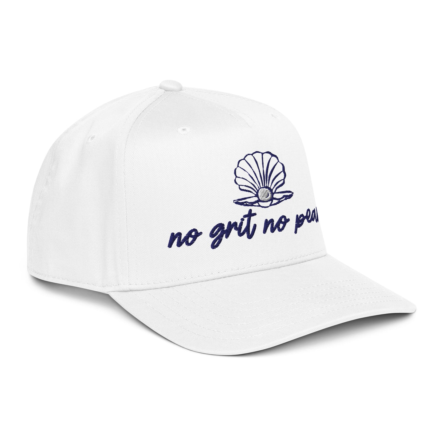 Side view of white No Grit No Pearl trucker hat with navy embroidery and curved brim