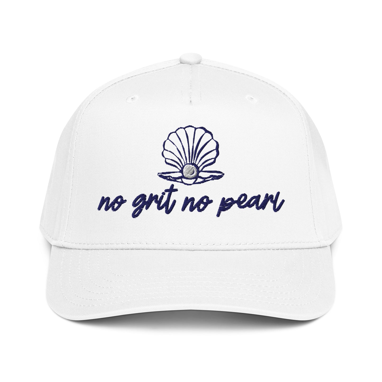Front view of No Grit No Pearl embroidered hat in white with navy text by Teal Sundaze
