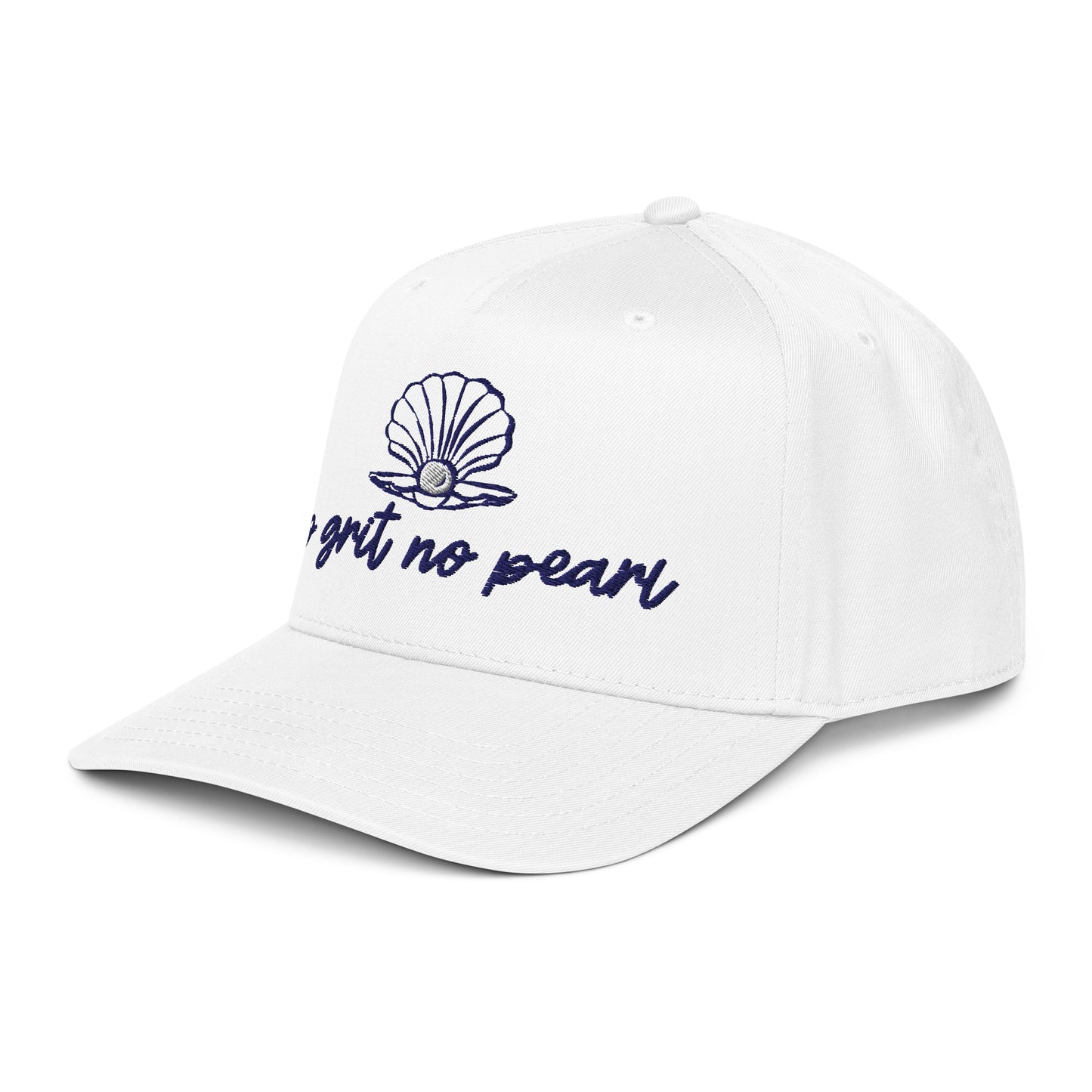 Side view of white No Grit No Pearl hat with navy embroidery and curved brim by Teal Sundaze