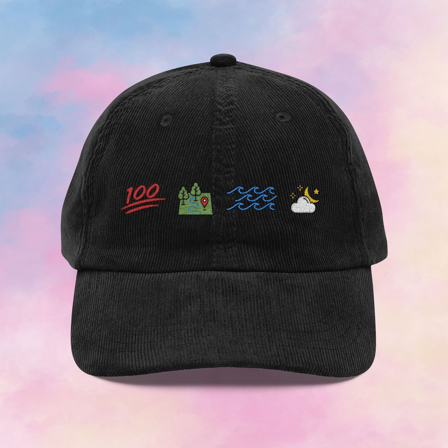 ophelia themed corduroy dad hat with icons for keep it 100 on the land, sea, sky 