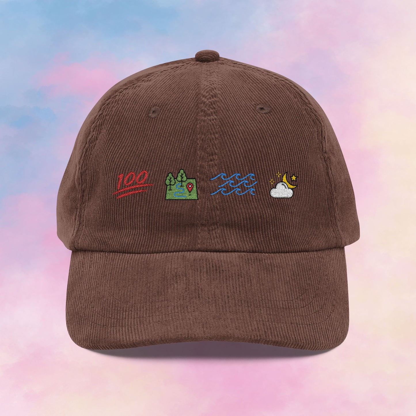 ophelia themed corduroy dad hat with icons for keep it 100 on the land, sea, sky 