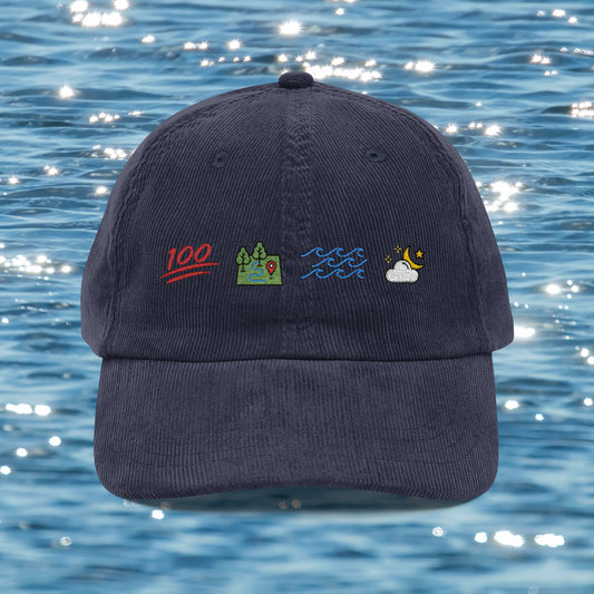 ophelia themed corduroy dad hat with icons for keep it 100 on the land, sea, sky 